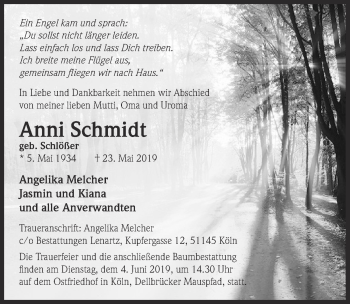 Anzeige von Anni Schmidt von  Kölner Wochenspiegel 