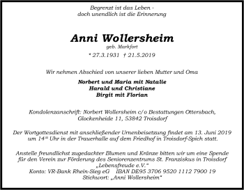 Anzeige von Anni Wollersheim von Kölner Stadt-Anzeiger / Kölnische Rundschau / Express
