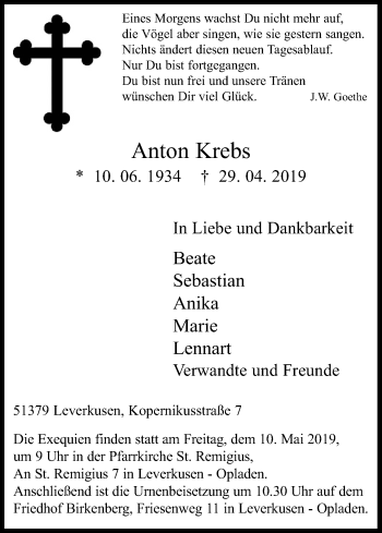 Anzeige von Anton Krebs von Kölner Stadt-Anzeiger / Kölnische Rundschau / Express