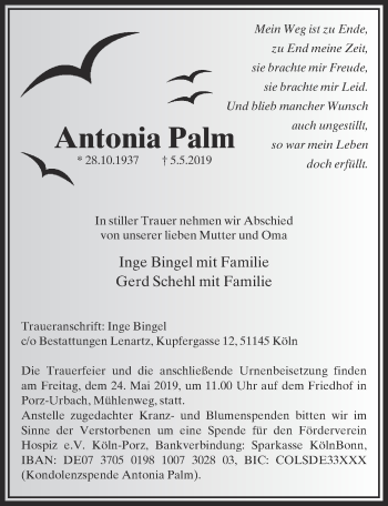 Anzeige von Antonia Palm von  Kölner Wochenspiegel 