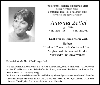 Anzeige von Antonia Zettel von Kölner Stadt-Anzeiger / Kölnische Rundschau / Express