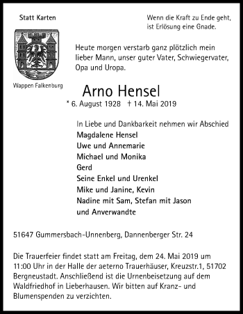 Anzeige von Arno Hensel von Kölner Stadt-Anzeiger / Kölnische Rundschau / Express
