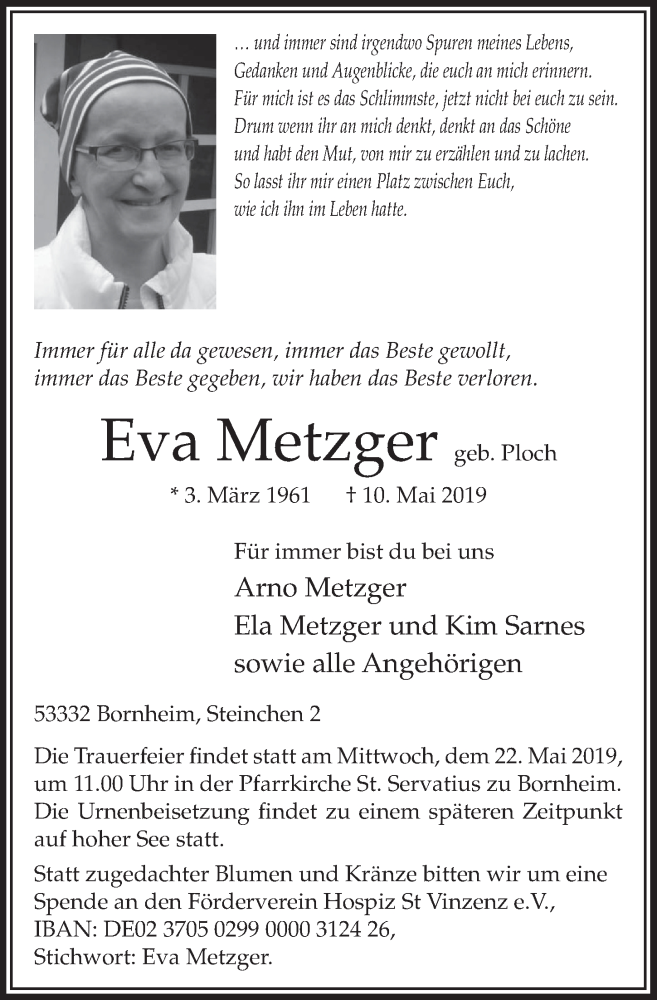  Traueranzeige für Eva Metzger vom 22.05.2019 aus  Schaufenster/Blickpunkt 
