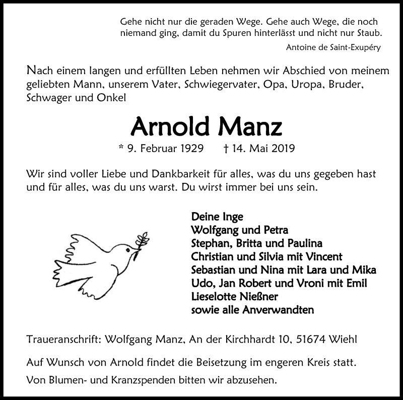 Traueranzeige für Arnold Manz vom 16.05.2019 aus Kölner Stadt-Anzeiger / Kölnische Rundschau / Express