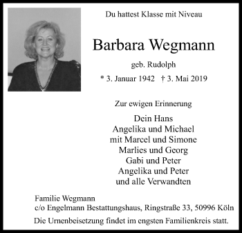 Anzeige von Barbara Wegmann von Kölner Stadt-Anzeiger / Kölnische Rundschau / Express