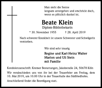 Anzeige von Beate Klein von Kölner Stadt-Anzeiger / Kölnische Rundschau / Express