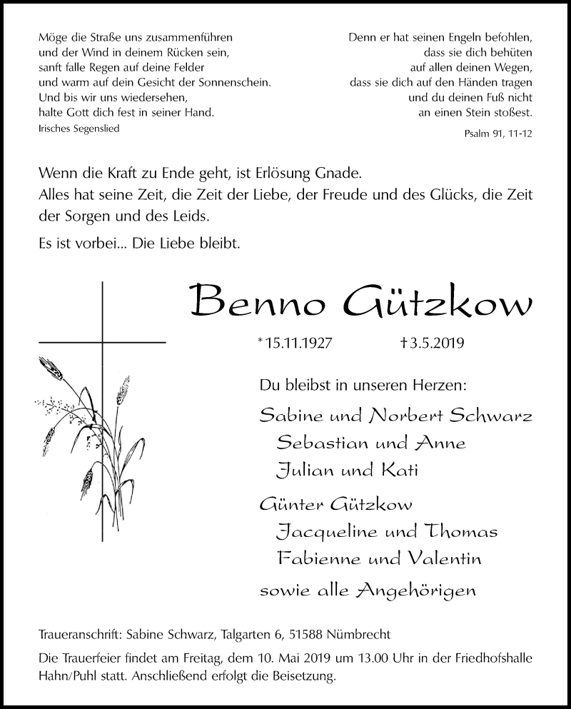  Traueranzeige für Benno Gützkow vom 07.05.2019 aus Kölner Stadt-Anzeiger / Kölnische Rundschau / Express