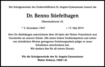 Anzeige von Benno Stiefelhagen von Kölner Stadt-Anzeiger / Kölnische Rundschau / Express
