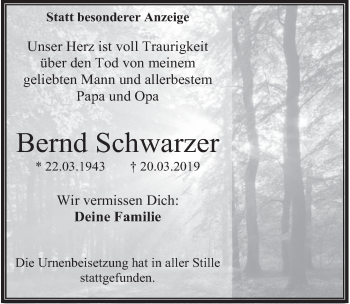Anzeige von Bernd Schwarzer von  Wochenende 