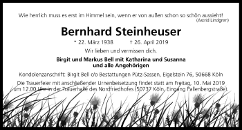 Anzeige von Bernhard Steinheuser von Kölner Stadt-Anzeiger / Kölnische Rundschau / Express