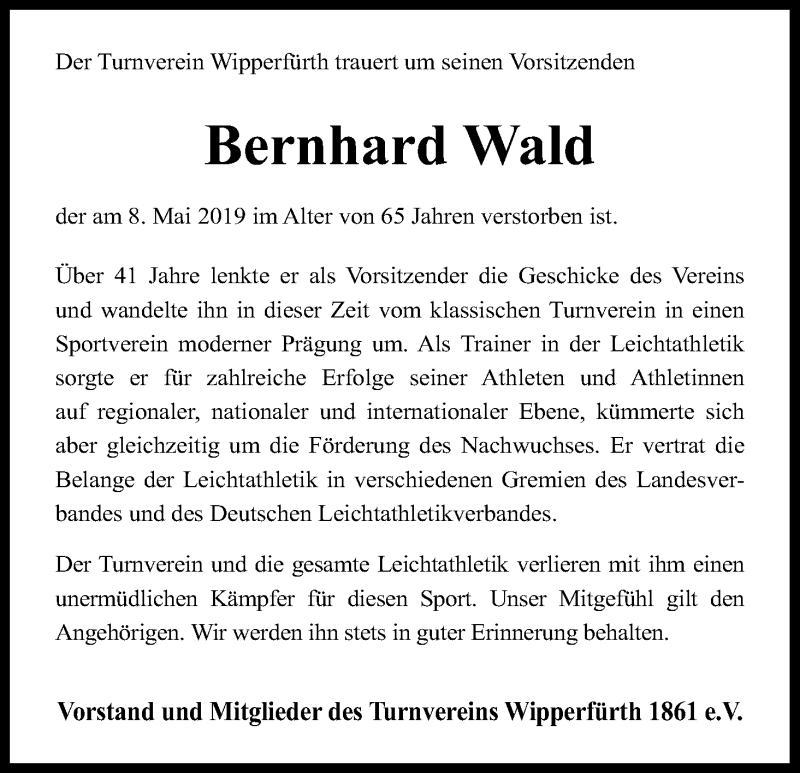  Traueranzeige für Bernhard Wald vom 16.05.2019 aus Kölner Stadt-Anzeiger / Kölnische Rundschau / Express