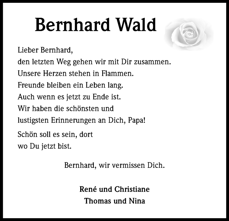  Traueranzeige für Bernhard Wald vom 17.05.2019 aus Kölner Stadt-Anzeiger / Kölnische Rundschau / Express