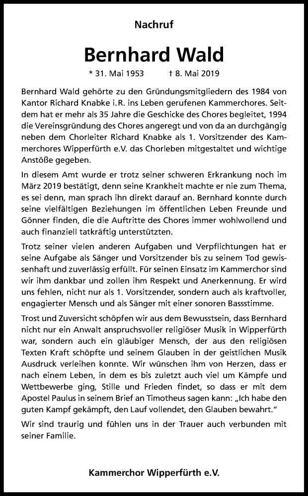  Traueranzeige für Bernhard Wald vom 18.05.2019 aus Kölner Stadt-Anzeiger / Kölnische Rundschau / Express