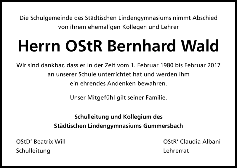  Traueranzeige für Bernhard Wald vom 14.05.2019 aus Kölner Stadt-Anzeiger / Kölnische Rundschau / Express