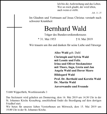 Anzeige von Bernhard Wald von Kölner Stadt-Anzeiger / Kölnische Rundschau / Express