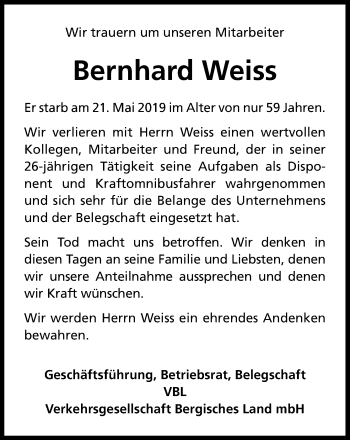 Anzeige von Bernhard Weiss von Kölner Stadt-Anzeiger / Kölnische Rundschau / Express