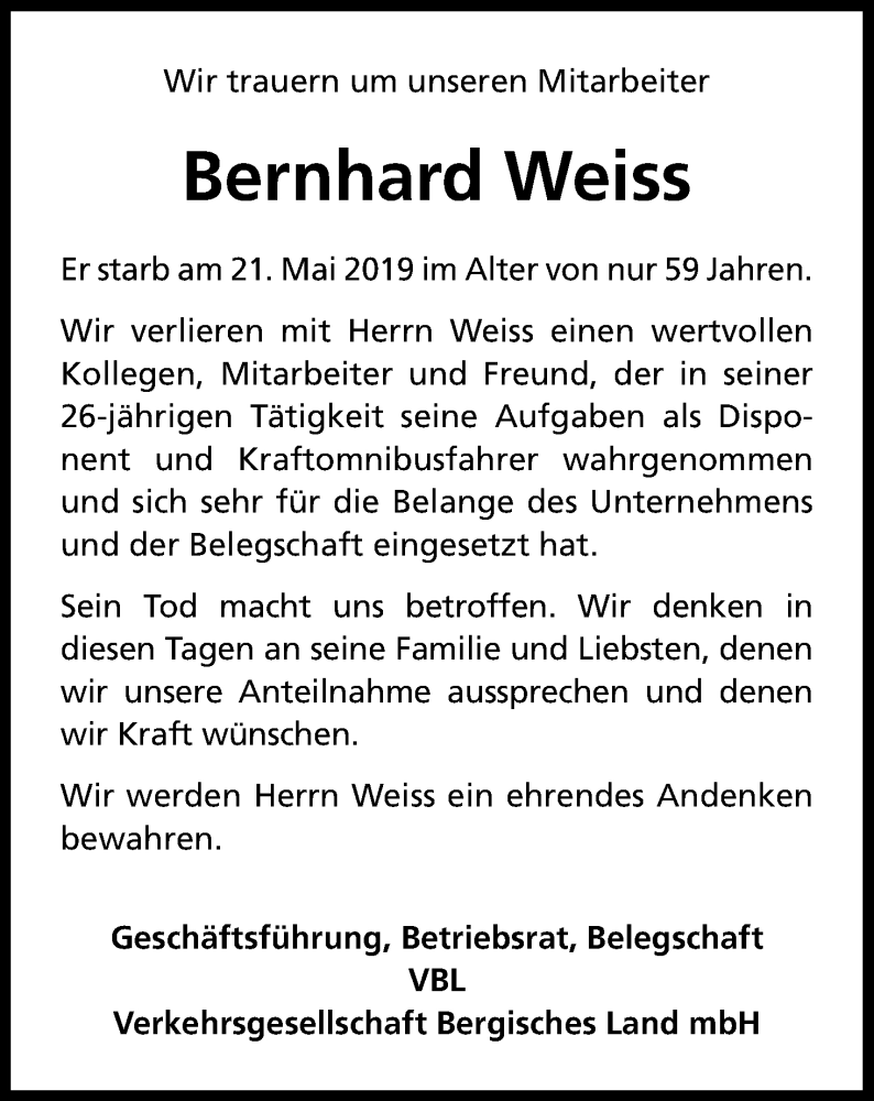  Traueranzeige für Bernhard Weiss vom 25.05.2019 aus Kölner Stadt-Anzeiger / Kölnische Rundschau / Express