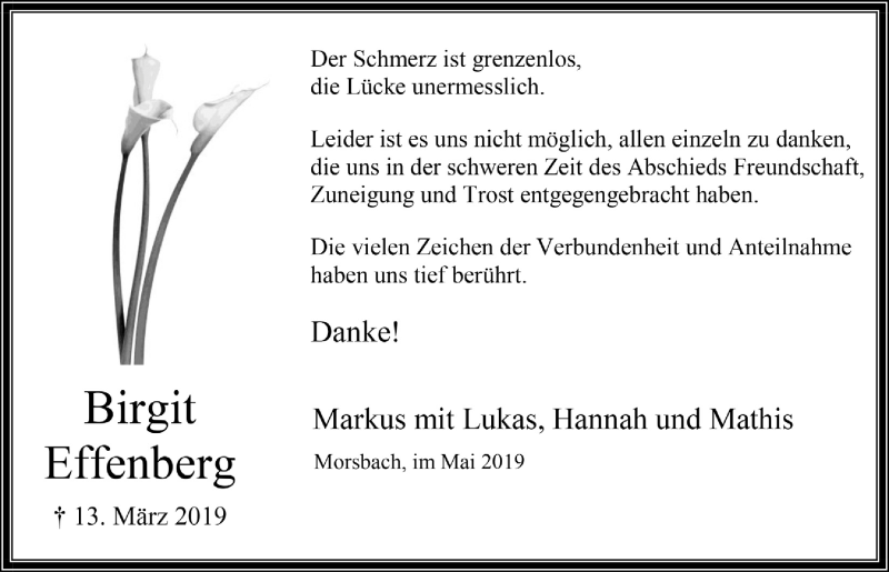  Traueranzeige für Birgit Effenberg vom 22.05.2019 aus  Lokalanzeiger 