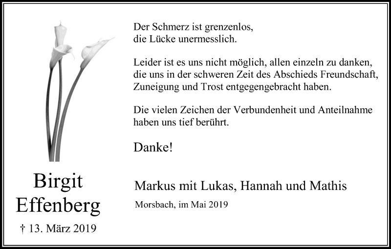  Traueranzeige für Birgit Effenberg vom 25.05.2019 aus Kölner Stadt-Anzeiger / Kölnische Rundschau / Express