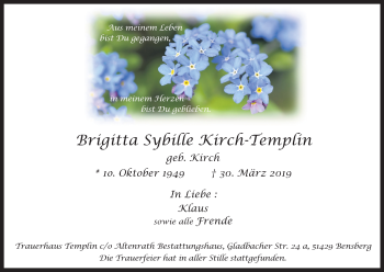 Anzeige von Brigitta Sybille Kirch-Templin von Kölner Stadt-Anzeiger / Kölnische Rundschau / Express