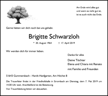 Anzeige von Brigitte Schwarzloh von Kölner Stadt-Anzeiger / Kölnische Rundschau / Express