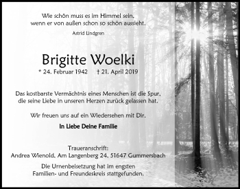 Anzeige von Brigitte Woelki von  Anzeigen Echo 