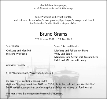 Anzeige von Bruno Grams von Kölner Stadt-Anzeiger / Kölnische Rundschau / Express