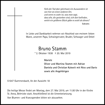 Anzeige von Bruno Stamm von Kölner Stadt-Anzeiger / Kölnische Rundschau / Express