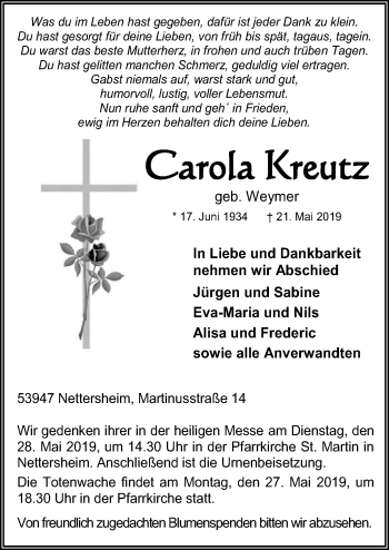 Anzeige von Carola Kreutz von  Blickpunkt Euskirchen 