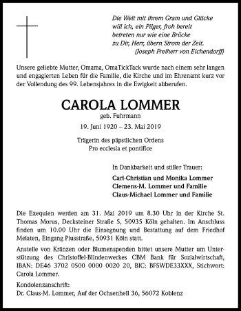 Anzeige von Carola Lommer von Kölner Stadt-Anzeiger / Kölnische Rundschau / Express