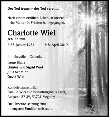 Anzeige von Charlotte Wiel von Kölner Stadt-Anzeiger / Kölnische Rundschau / Express