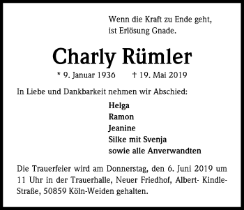 Anzeige von Charly Rümler von Kölner Stadt-Anzeiger / Kölnische Rundschau / Express