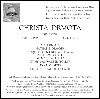Anzeige von Christa Drmota von Kölner Stadt-Anzeiger / Kölnische Rundschau / Express