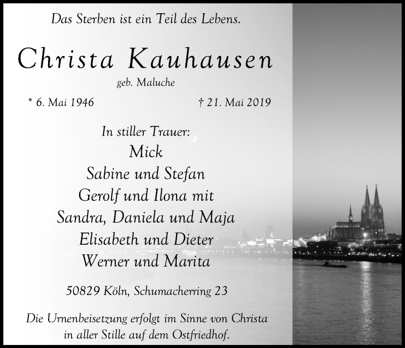  Traueranzeige für Christa Kauhausen vom 25.05.2019 aus Kölner Stadt-Anzeiger / Kölnische Rundschau / Express