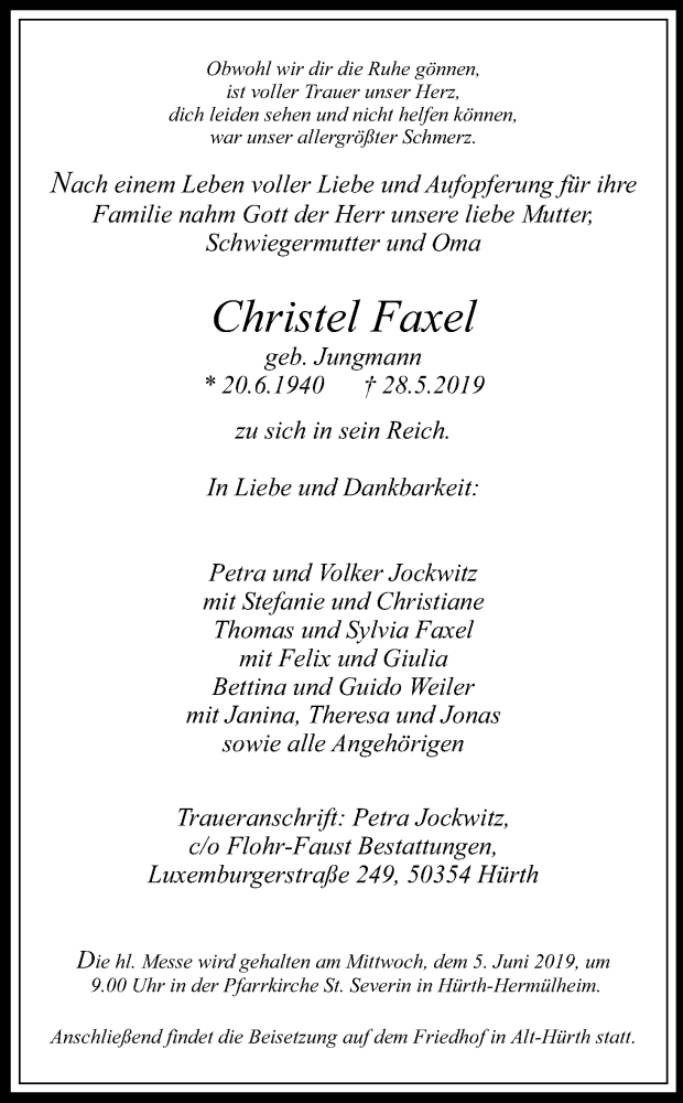  Traueranzeige für Christel Faxel vom 01.06.2019 aus Kölner Stadt-Anzeiger / Kölnische Rundschau / Express