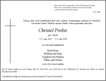 Anzeige von Christel Probst von  Schaufenster/Blickpunkt 