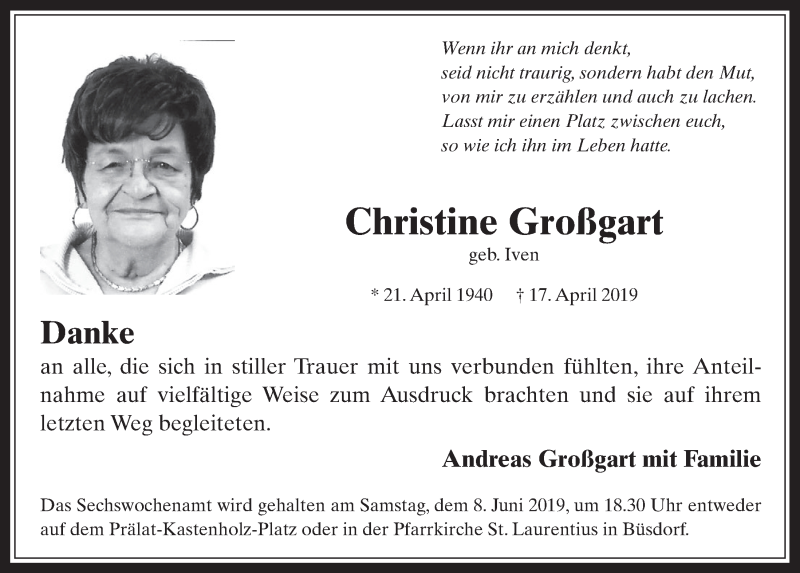  Traueranzeige für Christine Großgart vom 22.05.2019 aus  Werbepost 