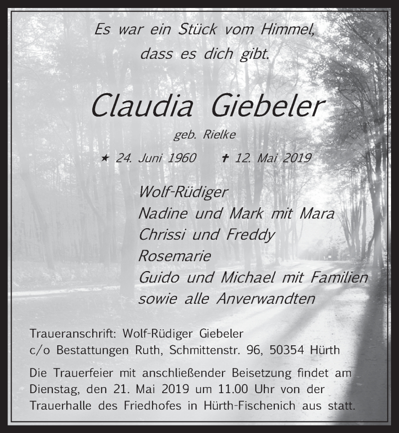  Traueranzeige für Claudia Giebeler vom 15.05.2019 aus  Wochenende 
