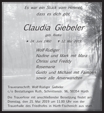 Anzeige von Claudia Giebeler von  Wochenende 