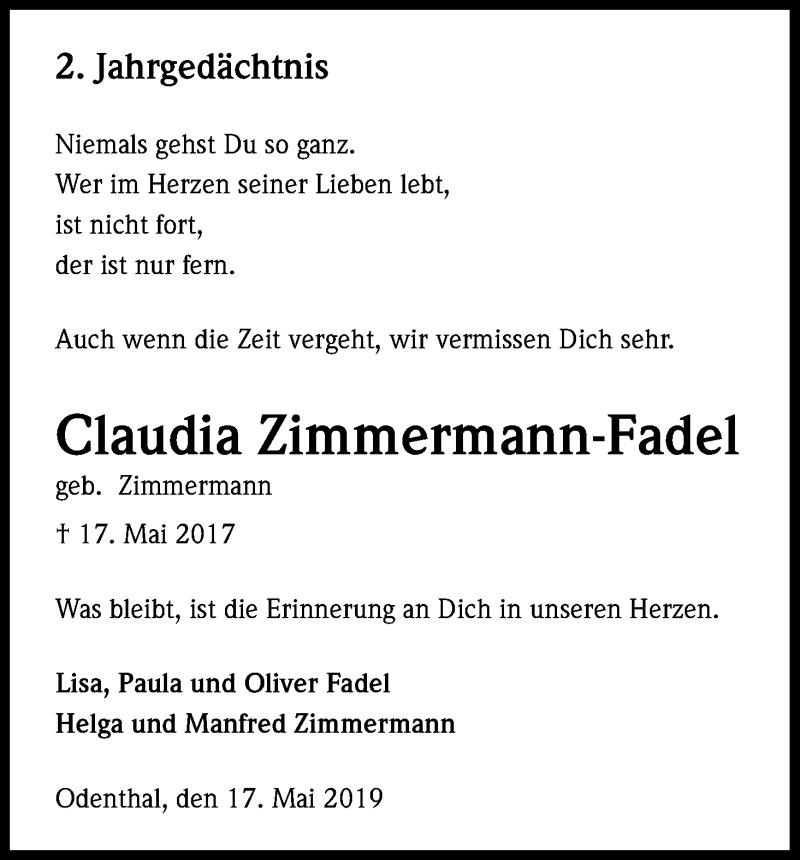  Traueranzeige für Claudia Zimmermann-Fadel vom 17.05.2019 aus Kölner Stadt-Anzeiger / Kölnische Rundschau / Express