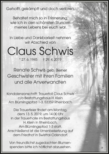 Anzeige von Claus Schwis von  Schaufenster/Blickpunkt 
