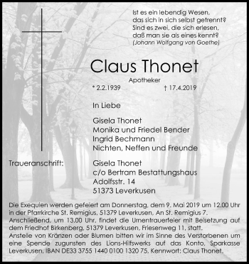 Anzeige von Claus Thonet von Kölner Stadt-Anzeiger / Kölnische Rundschau / Express