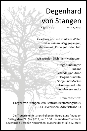 Anzeige von Degenhard von Stangen von Kölner Stadt-Anzeiger / Kölnische Rundschau / Express
