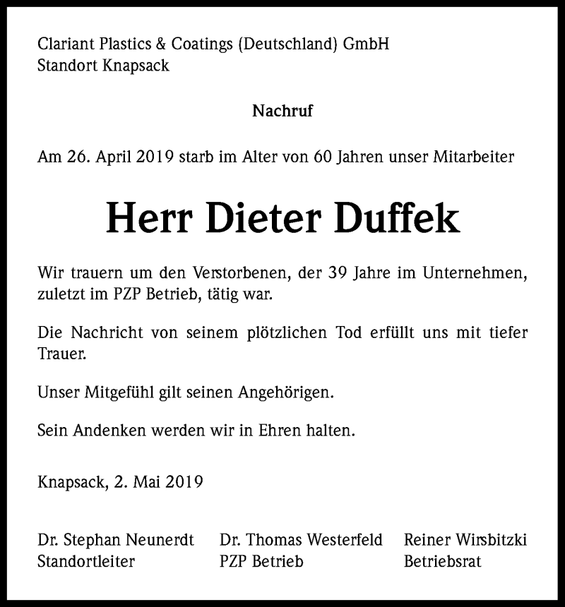 Traueranzeige für Dieter Duffek vom 04.05.2019 aus Kölner Stadt-Anzeiger / Kölnische Rundschau / Express