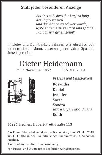 Anzeige von Dieter Heidemann von  Sonntags-Post 