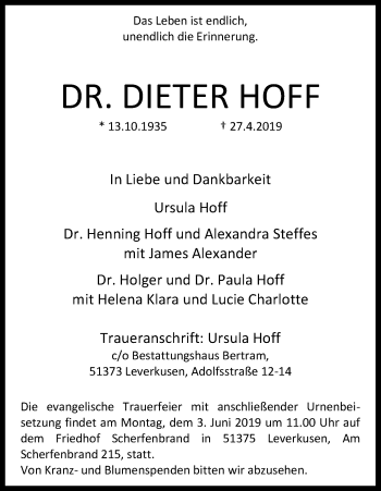 Anzeige von Dieter Hoff von Kölner Stadt-Anzeiger / Kölnische Rundschau / Express