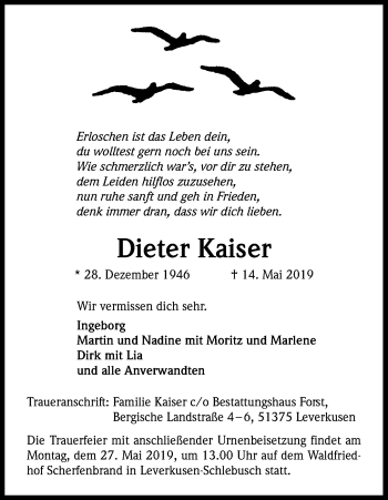 Anzeige von Dieter Kaiser von Kölner Stadt-Anzeiger / Kölnische Rundschau / Express