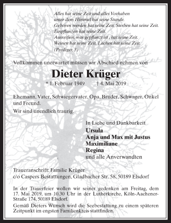 Anzeige von Dieter Krüger von  Werbepost 