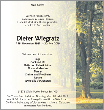 Anzeige von Dieter Wiegratz von Kölner Stadt-Anzeiger / Kölnische Rundschau / Express