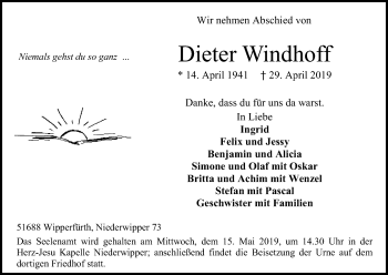 Anzeige von Dieter Windhoff von Kölner Stadt-Anzeiger / Kölnische Rundschau / Express